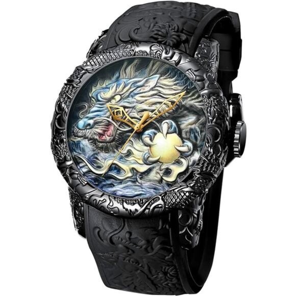 Men's Fashion Big Dial 3D Sculpture Dragon Watches Men Quartz Watches Luxury - Picture 1 of 7